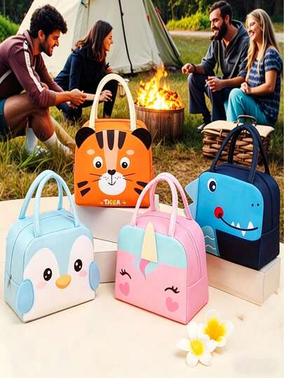 Bolsa de tela con diseño de animal de dibujos animados, bolsa aislada reutilizable, adecuada para el trabajo, los viajes y los picnics - Poliéster duradero (sin contacto con alimentos), bolsa de almuerzo para el trabajo, artículos esenciales para picnics, de vuelta a la escuela/diseño divertido