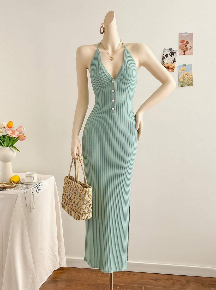 Temptaria Women's Fashionable Elegant Casual Vacation Solid Color Front Button Open Back V-Neck Sleeveless Long Knit Maxi Dress, Suitable For Wedding Guest, Summer Spring - Blue - View 1