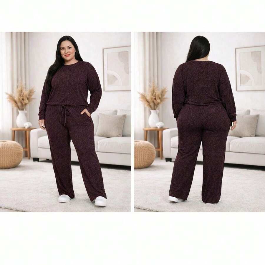 Lanzinha Ribi Plus Size Winter Set - Long-Sleeved Blouse And Wide-Leg Pants - Super Comfortable - Burgundy - View 1