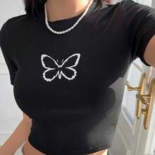 Top corto de retazos estéticos de verano para mujer, camiseta gótica de manga corta con estampado Grunge de Hada Punk Vintage, ropa roja Y2k - Negro - Ver 1