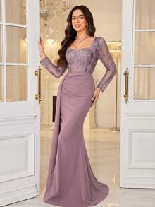 SUPGIR [Random Cut] Women's Sequin Sweetheart Neck Long Sleeve Fitted Knit Cocktail Dress Wedding Party Fall - Purple - View 6