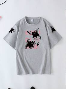 字母印花可爱猫咪图案圆领T恤，休闲简约夏季上衣，适合大码女性。适合日常穿着、外出、旅行、海滩、派对，是女士夏季度假的理想之选。 - 淺灰色 - 查看 2