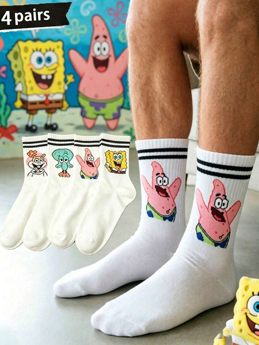 SpongeBob SquarePants 4 đôi tất dài đến bắp chân, in hình hoạt hình sọc trắng, kiểu dáng unisex, tất casual vui nhộn cho học sinh, phù hợp mọi mùa. - Nhiều màu - Xem 1