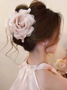 1pc Bohemian Vacation Style Mesh & Faux Pearl Camellia Flower Hair Claw Clip, Sweet Versatile Claw Hair Accessory, New Mesh Design Fashion Hair Clips Women Hair Clutch Summer Beach - Multicolor - View 8