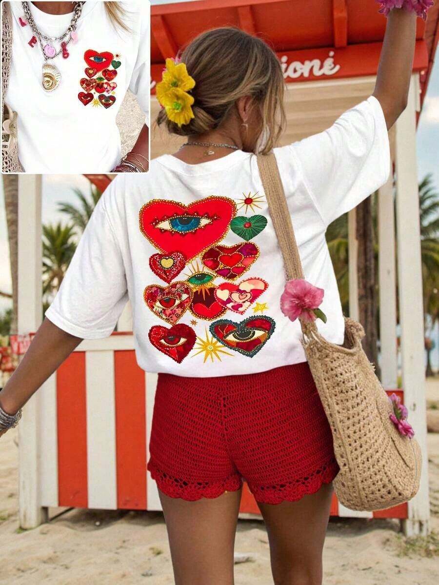 New 2026 Summer T-Shirt For Women, Casual And Cute Style, Short Sleeve, With Modern Print, Loose Urban Style Top, Comfortable And Elegant, Versatile, With Printed Design. - 白色 - 查看 1