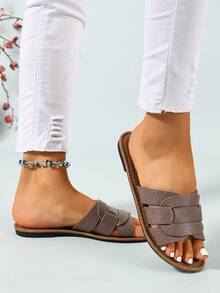 Ximi Ruo Korean Style Casual Flat Slippers, Women's Shoes, Open Toe Sandals For Spring, Summer, Suitable For Dresses, Beach, Apartment, Brown Color - Grey - View 3