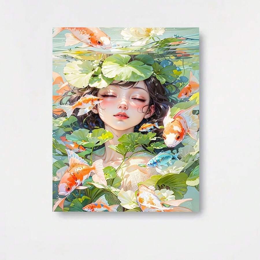 1 pieza Kit de Pintura con Diamantes 5D Anime Pez Koi y Loto, lienzo completo redondo sin marco, 11.8x15.75 pulgadas - Arte mural japonés Zen DIY para adultos e adolescentes en colores vibrante. Regalo decorativo hogareño: kit premium calidad alta (café), arte diamantado detallada, ¡ideal como pasatiempo creativo! - Enmarcado - Ver 1