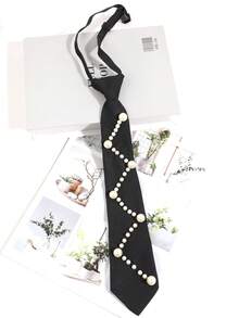1 Stück Perlen- & Strass-Dekor Clip-On Krawatte, femininer akademischer Stil, vielseitiges Accessoire für Blusen, leicht & luxuriös, Abschlussoutfit, Festival - Perlenkrawatte - Übersicht 9