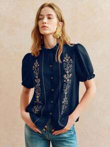 Elegant Blouse With Embroidery And Ruffles For Women For Everyday Wear - Navy Blue - View 3