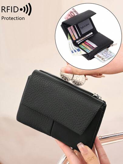 MIYIN Portafoglio vintage alla moda con blocco RFID, a tre ante, con due tasche con cerniera, portafoglio in pelle morbida casual da business, adatto per uso quotidiano, portafoglio corto