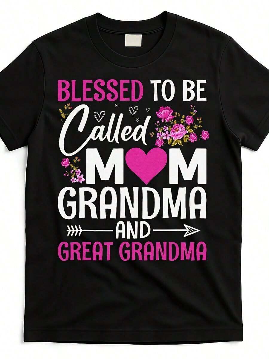 Camiseta "Para Ser Llamada Mamá, Abuela y Exabuela" - Camiseta Gráfica Retro para Mujer y Hombre con Letras Florales y Diseño de Corazón, 200 g/m² de Algodón Puro de Alto Gramaje, Cuello Redondo, Manga Corta, Hombros Caídos - Negro - Ver 1