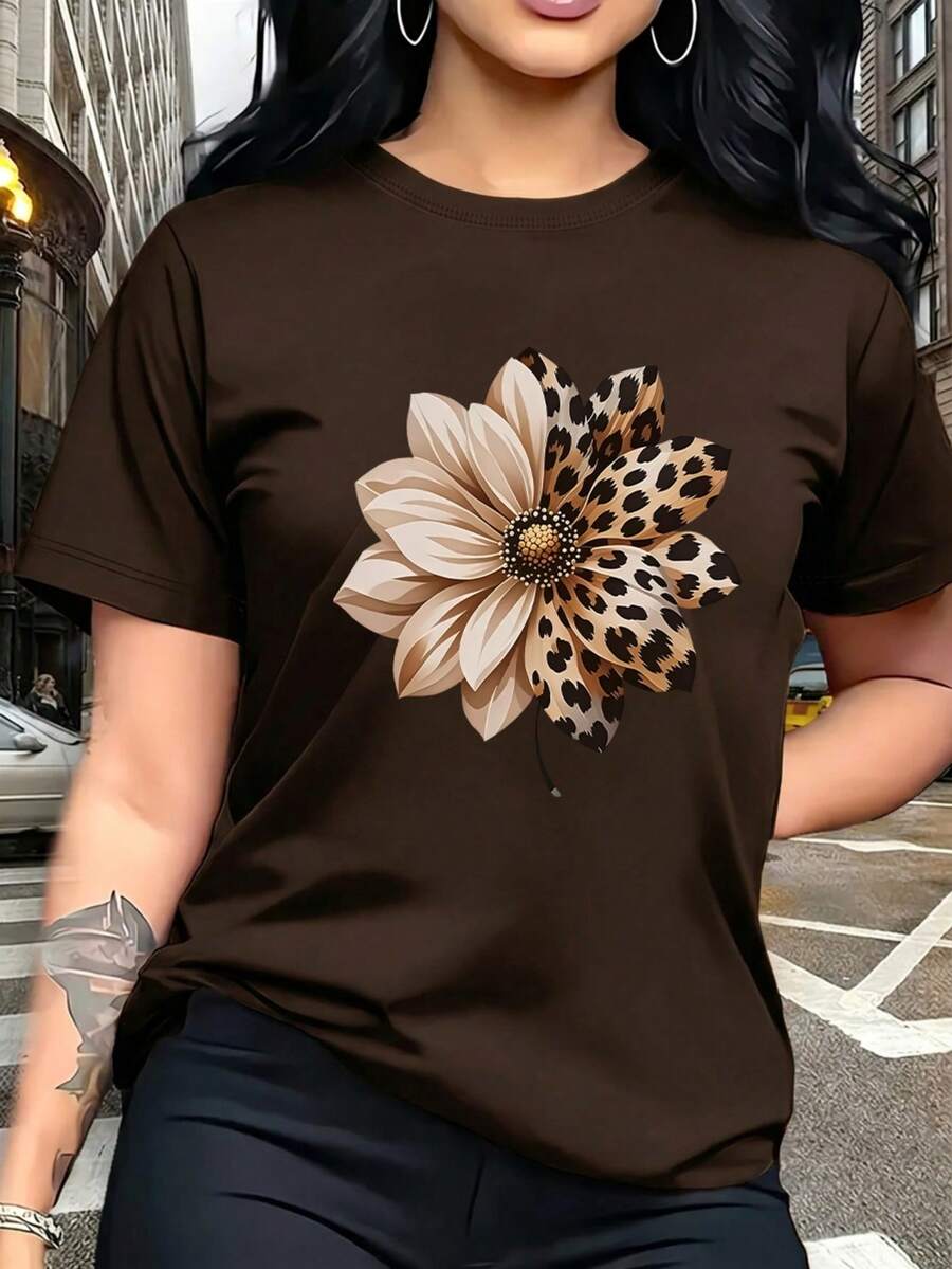 Women's Leopard Print & Floral Patchwork Short Sleeve Loose T-Shirt, Summer Niche Printed Casual Versatile Round Neck Top - Coffee Brown - View 1
