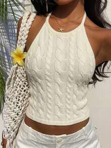 海滩度假性感白色镂空露背系带针织时尚短款修身上衣 - 白色 - 查看 6