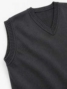 Men's Plain Knit Vest With V-Neck - Dark Grey - View 4