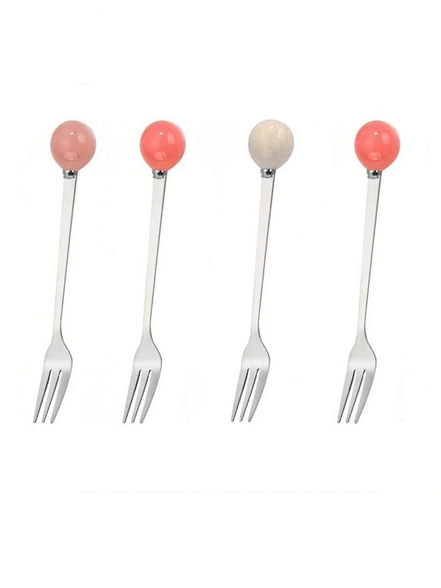 5/10pcs Cream-Style Ceramic Fruit Forks, Stainless Steel Fruit Picks Luxury Set - Silver - View 1