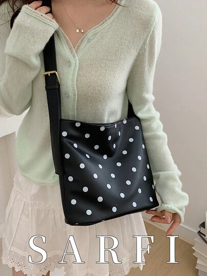 Apolka Dot Printed Women's Crossbody Bag With PU Material Magnetic Buckle Closure, Black Shoulder Bag,Suitable For Commuting, Shopping, And Office Use