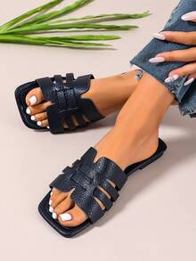 Ximi Ruo New Spring/Summer Fashion Casual One-Strap Slide Sandals, Comfortable Flat Heel Round Toe Slip-On Beach Slippers, Versatile Decorative Flat Sandals For Summer - Navy Blue - View 5