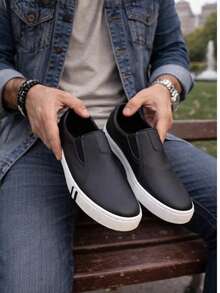 Men's Basic Slip-On Yacht Shoe, Easy To Put On, Laceless Sneakers, Oxford Shoes, New Release - màu đen - Xem 11