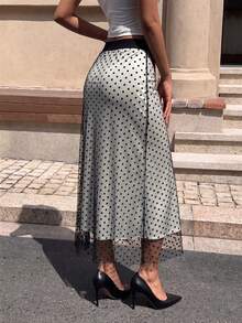 Vestido maxi elegante de malla con lunares, vestido de fiesta sexy y elástico para mujeres, primavera/verano - Blanco y Negro - Ver 2