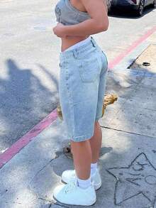 Quần short Bermuda denim dáng rộng, kiểu vintage dành cho nữ tuổi teen, phong cách đường phố thường ngày. - Rửa trung bình - Xem 2