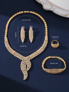 Bộ 4 món trang sức cao cấp mạ vàng đính đá Zirconia, gồm dây chuyền, vòng tay, bông tai và nhẫn, phụ kiện dự tiệc cưới, quà tặng ngày Valentine sang trọng. - Vàng - Xem 5