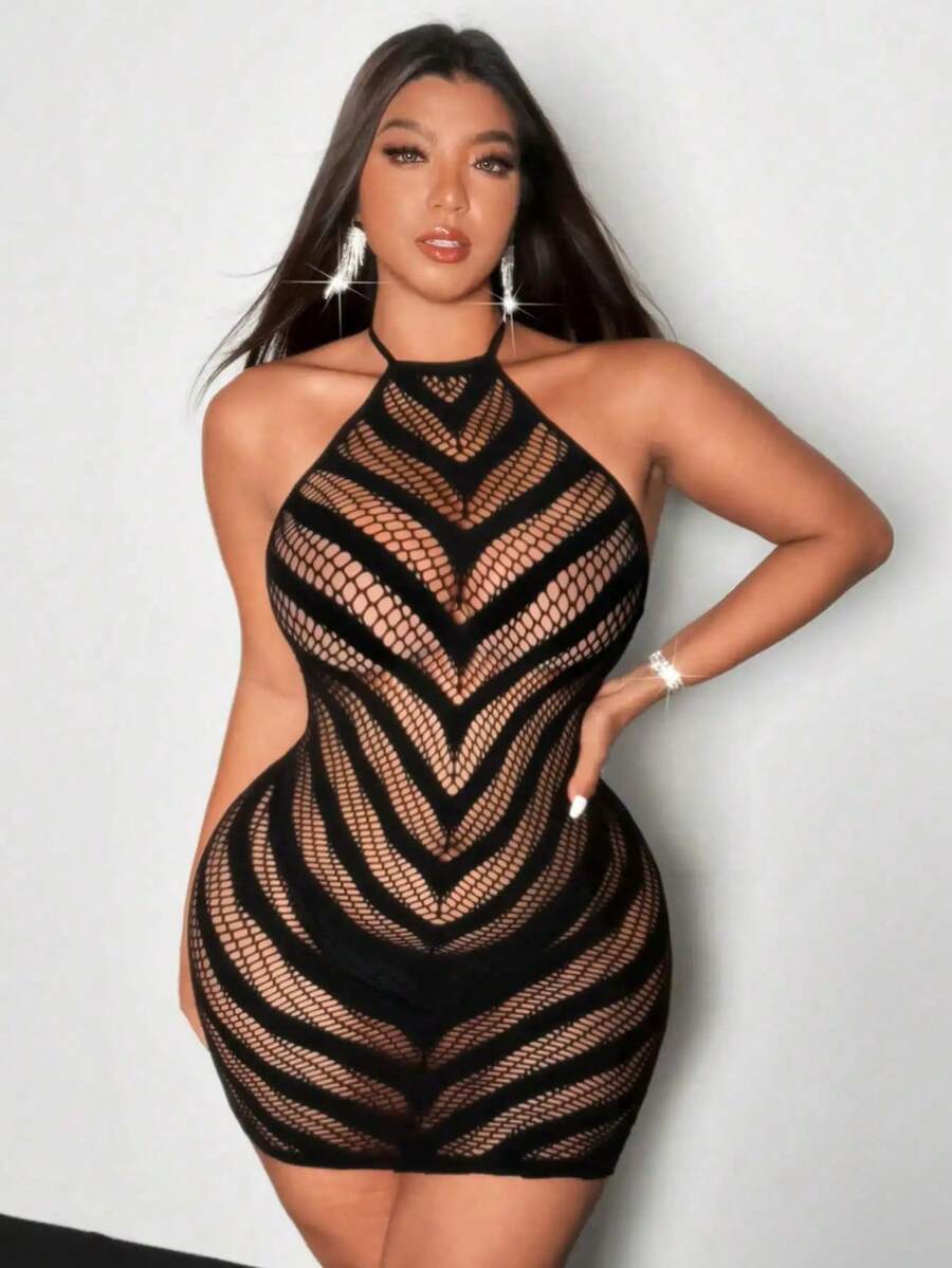 Minifalda Sexy para Mujer, Sin Mangas, de Malla, con Aberturas, Vestido de Red para Discoteca - Negro - Ver 1