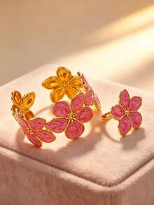 Bộ trang sức bằng thép không gỉ thanh lịch gồm vòng tay và nhẫn thiết kế hoa cà tím, thích hợp cho phụ nữ đeo trong các buổi tiệc, liên hoan, đám cưới, lễ đính hôn hoặc hẹn hò. - Vàng - Xem 8