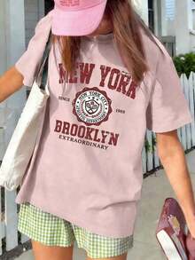Camiseta de manga corta para mujer de corte holgado con cuello redondo y estampado de eslogan, nueva y casual para el verano, ropa de moda diaria y de vacaciones, adecuada para el día a día y las vacaciones. - Rosa Pálido - Ver 3