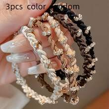 1/3pcs Élastiques à cheveux tressés avec strass, Accessoires de cheveux élégants, Bandes à cheveux en cristal de luxe minimaliste coréen, Chouchous à cheveux à haute élasticité et durables, Couleur latte automne/hiver pour queue de cheval pour femmes - Multicolore - Voir 2