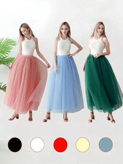 A Women's High-Waisted Long Lake Blue, Pink, Dark Green, Blue-Gray, Black, White, Red, Rose Red, Royal Blue, Yellow Long Skirt, Solid Color Fluffy Tutu Skirt, Half-Slip, Petticoat, Princess Skirt, Puffy Skirt, 4 Layers Of Mesh Plus 1 Layer Of Lining, Boneless Petticoat, Dress Petticoat, Festival Decoration Skirt, Stage Banquet Performance Skirt, Summer Mesh Skirt, Cosplay Decoration Skirt