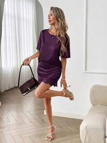 Crew Neck T-Shirt Top And Lace Patchwork A-Line Skirt Set, Silk Satin And Lace Patchwork Casual Loose Elegant Office Lady Style, Spring/Summer Women 2-Piece Set - Morado - Ver 5