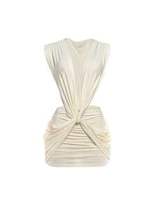 Vestido Sexy con Escote Profundo en V, Espalda Descubierta, Diseño Cruzado y Ajustado, Color Durazno, para Fiesta - Beis - Ver 5