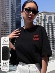 大码女式“我要下地狱”图案圆领短袖休闲夏季上衣，黑色字母印花T恤 - 黑色 - 查看 4