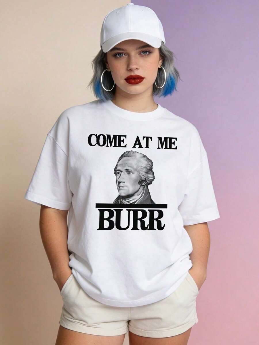 Ropa de verano para mujer, camiseta de algodón suave y casual con cuello redondo, estampado con la frase "Come At Me Burr". - Blanco - Ver 1