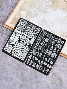 2片美甲印花板，中国图腾卡通蛇涂鸦图案，不锈钢美甲印花模板 DIY 工具 - 銀色 - 查看 2