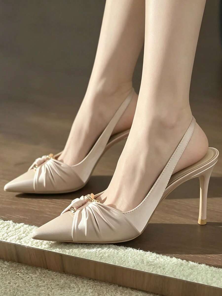 Giày cao gót mũi nhọn xếp ly bằng satin dành cho nữ, kiểu dáng thanh lịch, ôm sát, thích hợp cho công sở. - Màu be - Xem 1