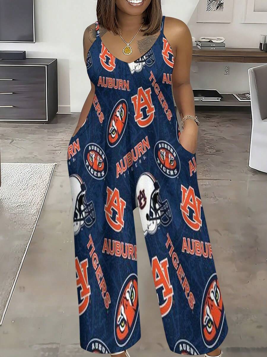Auburn Tigers Logo Print Women's Cami Jumpsuit With Pockets, Casual Sleeveless Wide Leg Loose Jumpsuit - 風格 - 查看 1