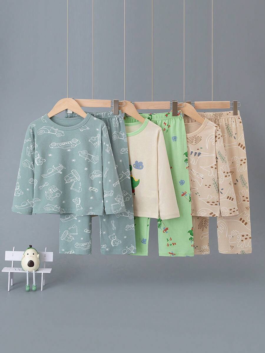 6pcs Boys' Cartoon Astronaut, Excavator, Dinosaur Print Lightweight Pajama Set, Long Sleeve Top And Pants, Spring/Autumn - Multicolor - View 1