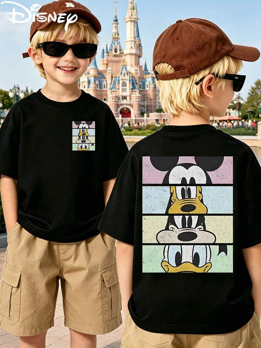 Disney Licensed Mickey Mouse & Friends Grid Print Kids' T-Shirt, Short-Sleeved Casual Top, Cute Themed Printed Tee, Perfect For Daily Wear, School Activities, Family Outings, Theme Park Visits And Holiday Gifts, Shipped From Local Warehouse - màu đen - Xem 1