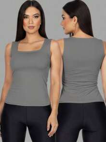 Set Of 3 Women's Tank Tops, Square Neck, Premium Supplex, Double Lining, Basic Blouse - 白色 - 灰色 - 裸色 - 查看 3