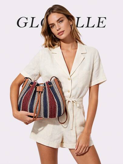 GLOBELLE Women's Multicolor Striped Straw Bucket Bag, Adjustable Drawstring Crossbody Shoulder Bag For Casual Travel