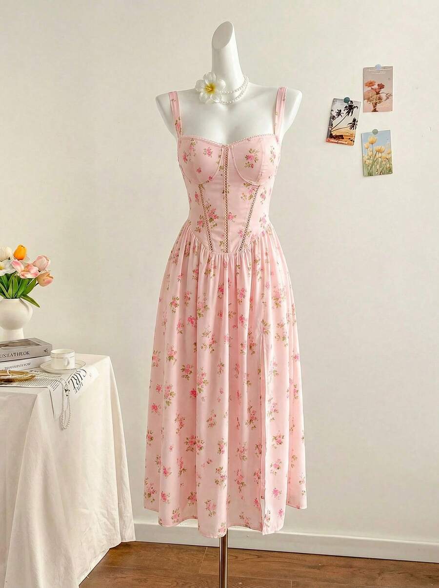 露背荷叶边印花修身吊带连衣裙，带口袋，碎花连衣裙，粉色连衣裙（女款）夏季优雅度假 - 粉色 - 查看 1