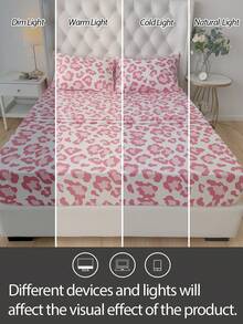 Set 4 pcs, 100% Polyester, Motif Leopard Pink, Sprei Fitted dengan Kantong Dalam 35cm, Set Perlengkapan Tidur Bermotif (2 Sarung Bantal + 1 Sprei Datar + 1 Sprei Fitted), Set Perlengkapan Tidur Modern Sepanjang Musim, Gaya Minimalis, Lembut & Nyaman, Bernapas - MultiWarna - View 6