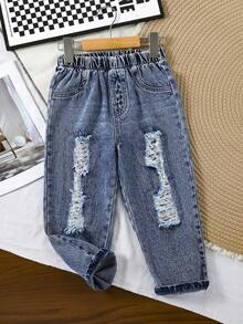 Boys' Casual Sports Denim Jeans With Distressed Ripped Design, Stretch Fabric, Street Style, Comfortable And Versatile For Daily Wear - Medium Wash - View 10