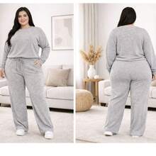 Lanzinha Ribi Plus Size Winter Set - Long-Sleeved Blouse And Wide-Leg Pants - Super Comfortable - Light Grey - View 1