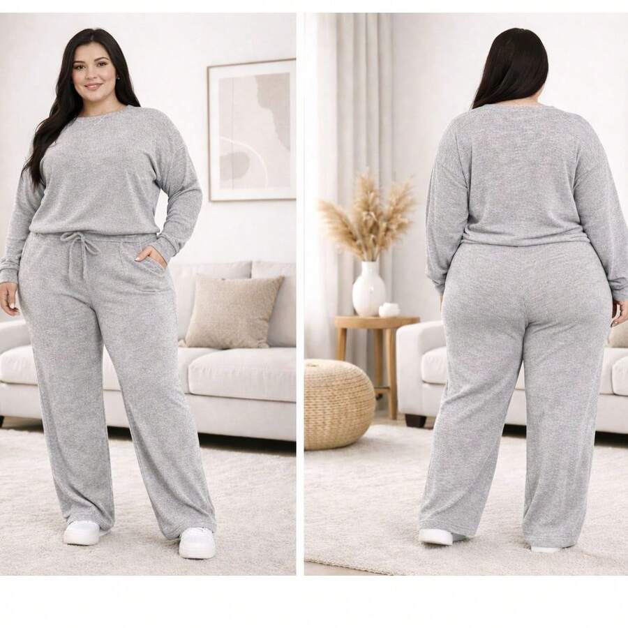 Lanzinha Ribi Plus Size Winter Set - Long-Sleeved Blouse And Wide-Leg Pants - Super Comfortable - Light Grey - View 1
