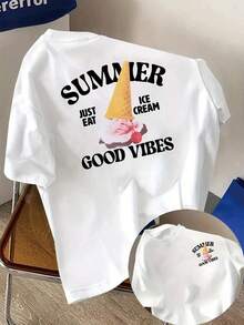 Short Sleeve T-Shirt With Front And Back Print -"Summer Ice Cream, Good Mood" Print - Women's Printed T-Shirt For Spring/Summer, Fashion Item. - White - View 6