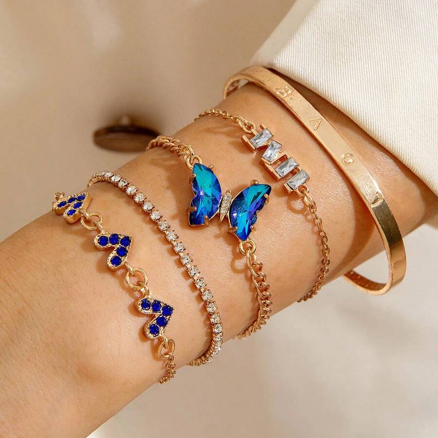 Set de 5 piezas de pulseras de mujer con cristales y rhinestones, diseño de mariposa, corazón y estrella en tono dorado, set de pulseras de lujo con circonita azul - Dorado - Ver 1
