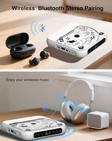 Reproductor de CD portátil ENVYCLOUD con altavoces estéreo duales, reproductor portátil recargable con para el hogar con auriculares, compatible con CD/AUX/USB, blanco. - Ver 4
