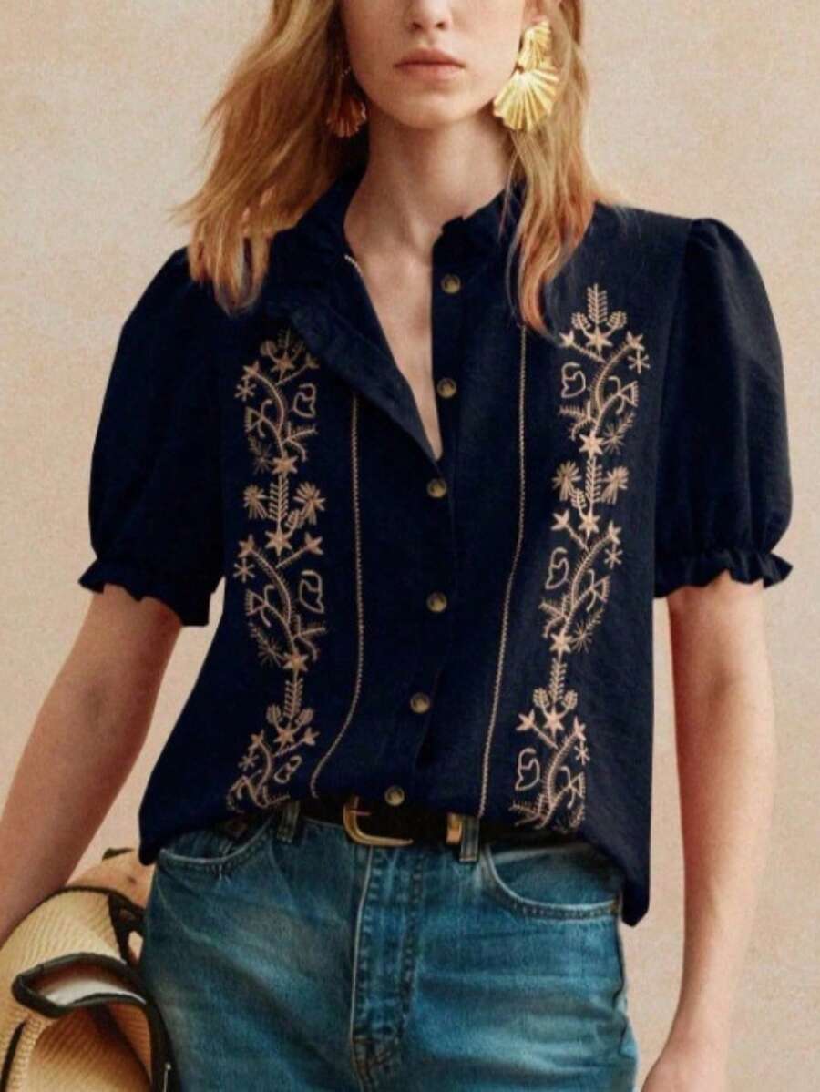 Elegant Blouse With Embroidery And Ruffles For Women For Everyday Wear - Navy Blue - View 1